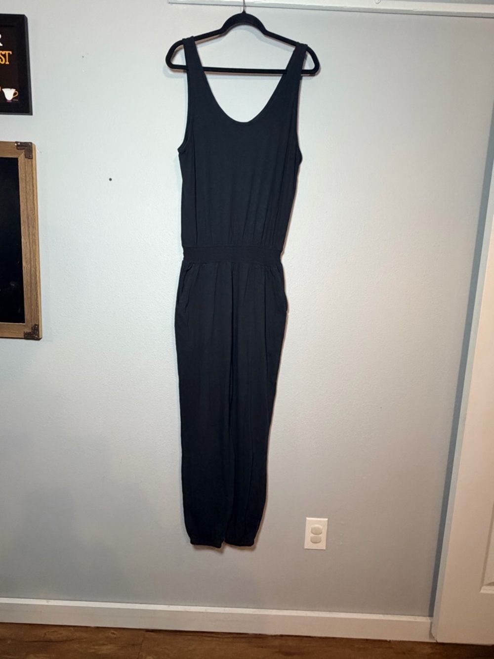 Aerie Sleeveless Comfy Jogger Jumpsuit Medium Strapless Black Pockets Cotton - Picture 2 of 11